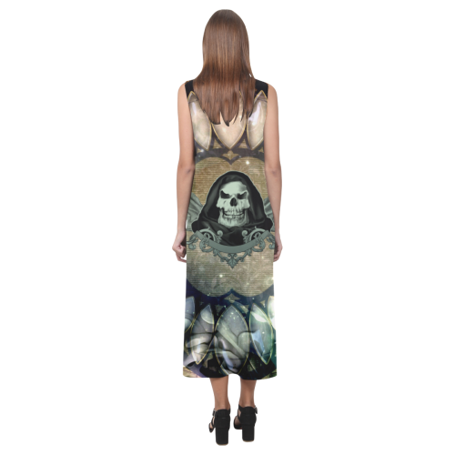 Awesome scary skull Phaedra Sleeveless Open Fork Long Dress (Model D08)