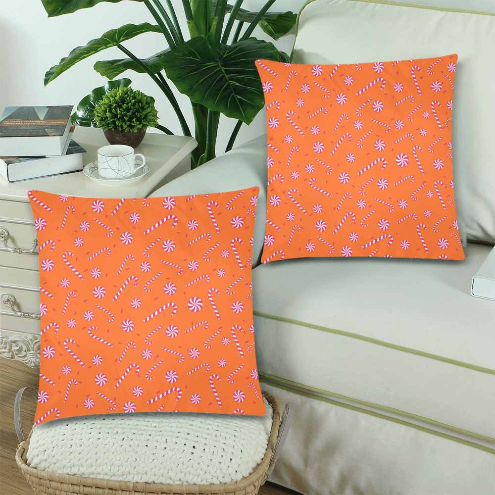 Candy CANE CHRISTMAS ORANGE Custom Zippered Pillow Cases 18"x 18" (Twin Sides) (Set of 2)