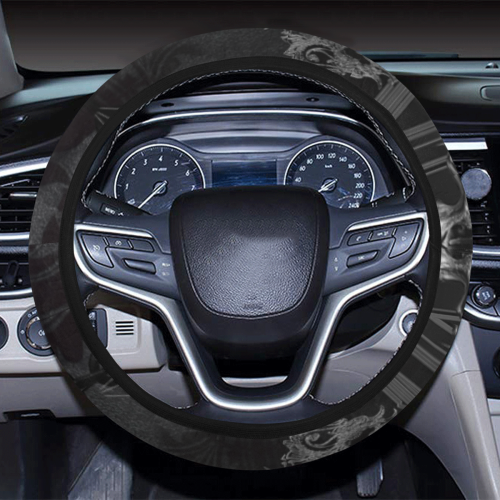 Skull with crow in black and white Steering Wheel Cover with Elastic Edge