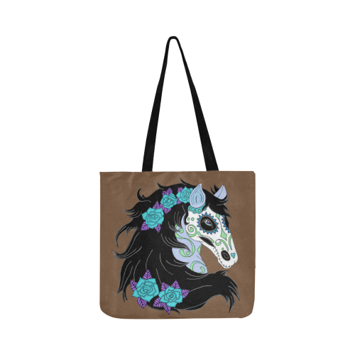 Sugar Skull Horse Turquoise Roses Brown Reusable Shopping Bag Model 1660 (Two sides)