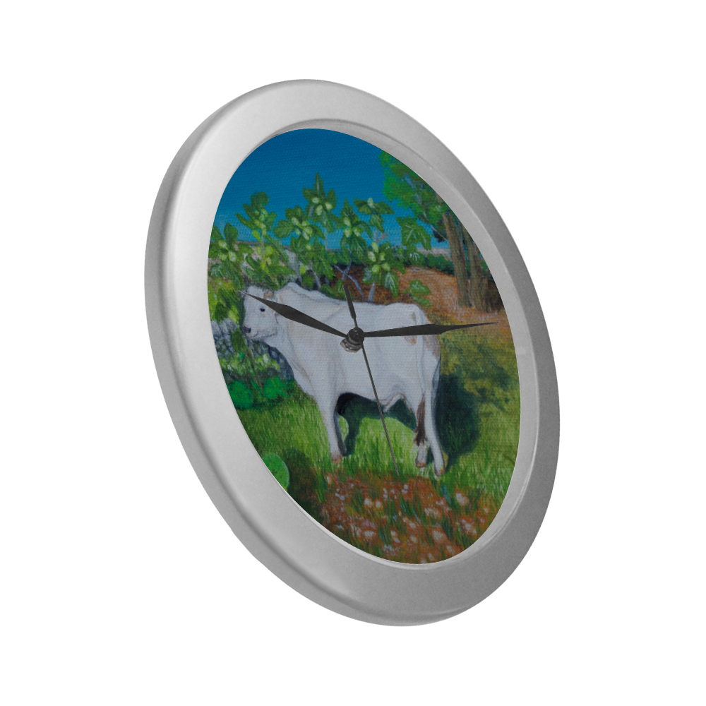 Anna Lipari Sicilian White Cow Oil Painting Silver Color Wall Clock