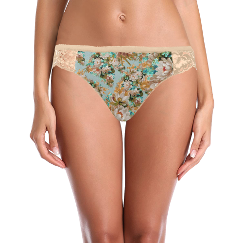 Peach And Green Floral Beige Women's Lace Panty (Model L41)