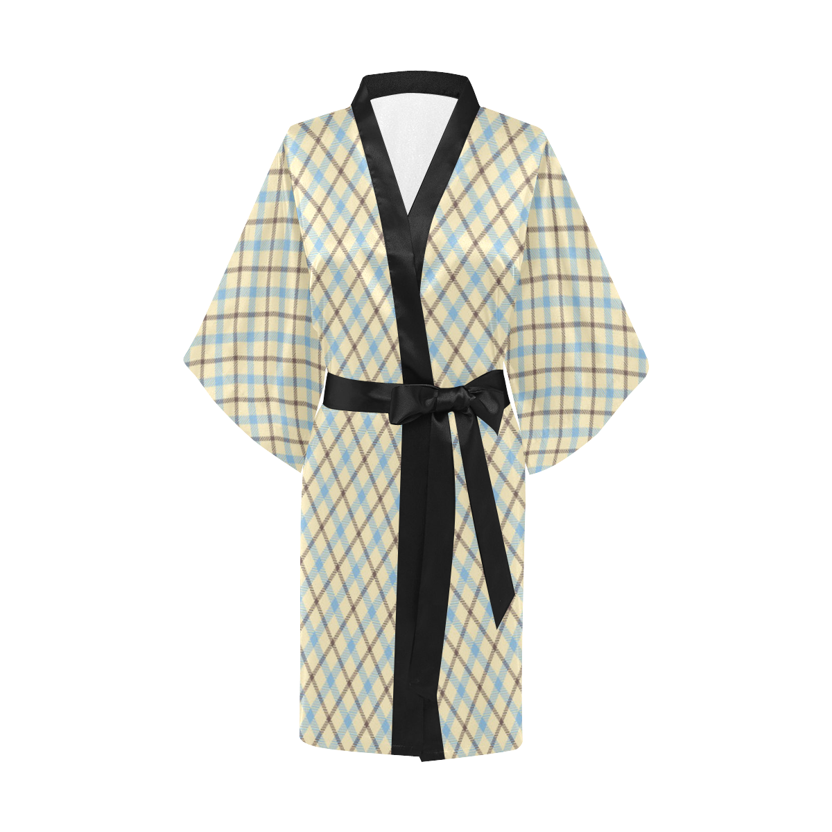 plaid tartan in cream, baby blue and brown 1 Kimono Robe