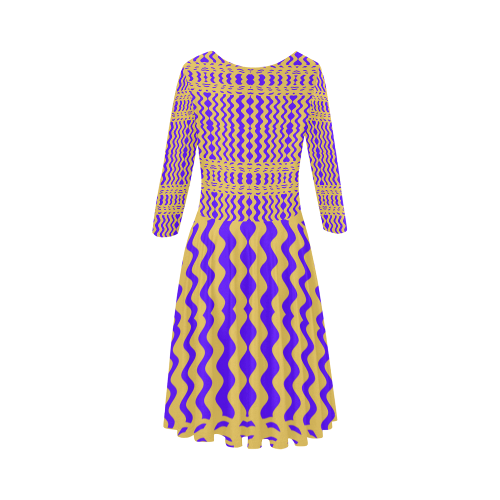 Purple Yellow Modern  Waves Lines Elbow Sleeve Ice Skater Dress (D20)
