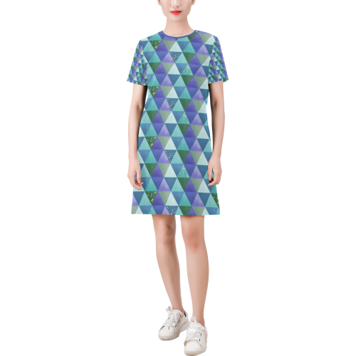 Triangle Pattern - Blue Violet Teal Green Short-Sleeve Round Neck A-Line Dress (Model D47)