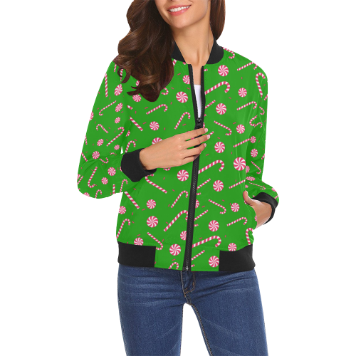 Candy CANE CHRISTMAS Pattern GREEN All Over Print Bomber Jacket for Women (Model H19)