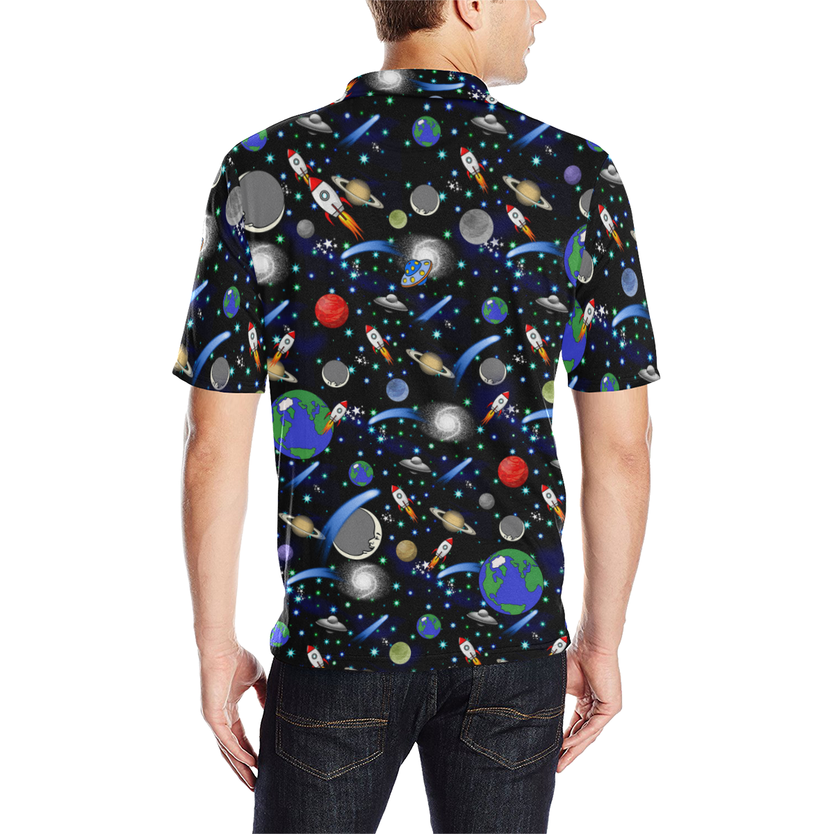 Galaxy Universe - Planets, Stars, Comets, Rockets Men's All Over Print Polo Shirt (Model T55)