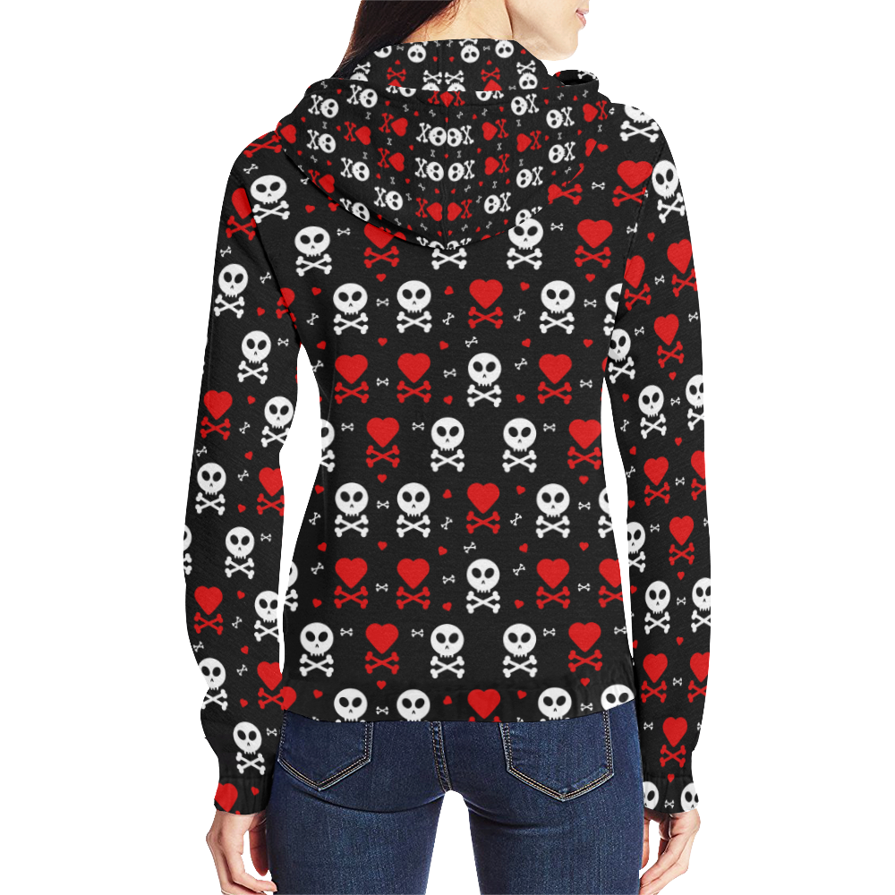 Skull and Crossbones All Over Print Full Zip Hoodie for Women (Model H14)