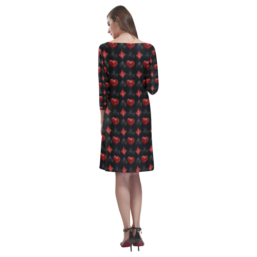 Black and Red Poker Casino Card Shapes on Black Rhea Loose Round Neck Dress(Model D22)