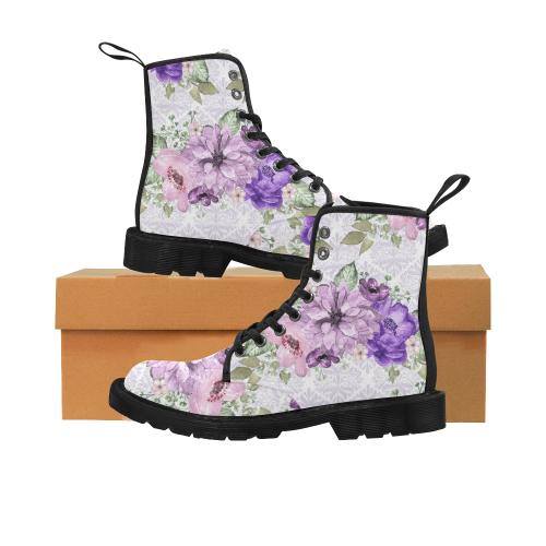 Purple Flower Boots, Sweet Girl Martin Boots for Women (Black) (Model 1203H)