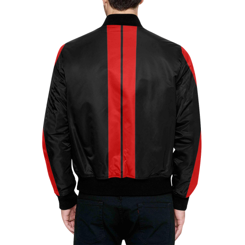 Red Race Car Stripe Center Black All Over Print Quilted Bomber Jacket for Men (Model H33)