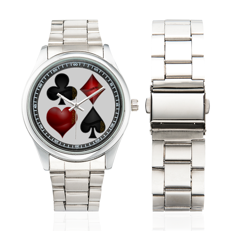 Las Vegas Black and Red Casino Poker Card Shapes Men's Stainless Steel Watch(Model 104)