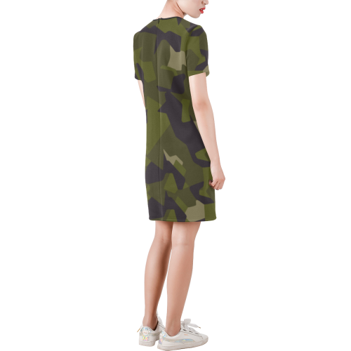 Swedish M90 woodland camouflage Short-Sleeve Round Neck A-Line Dress (Model D47)