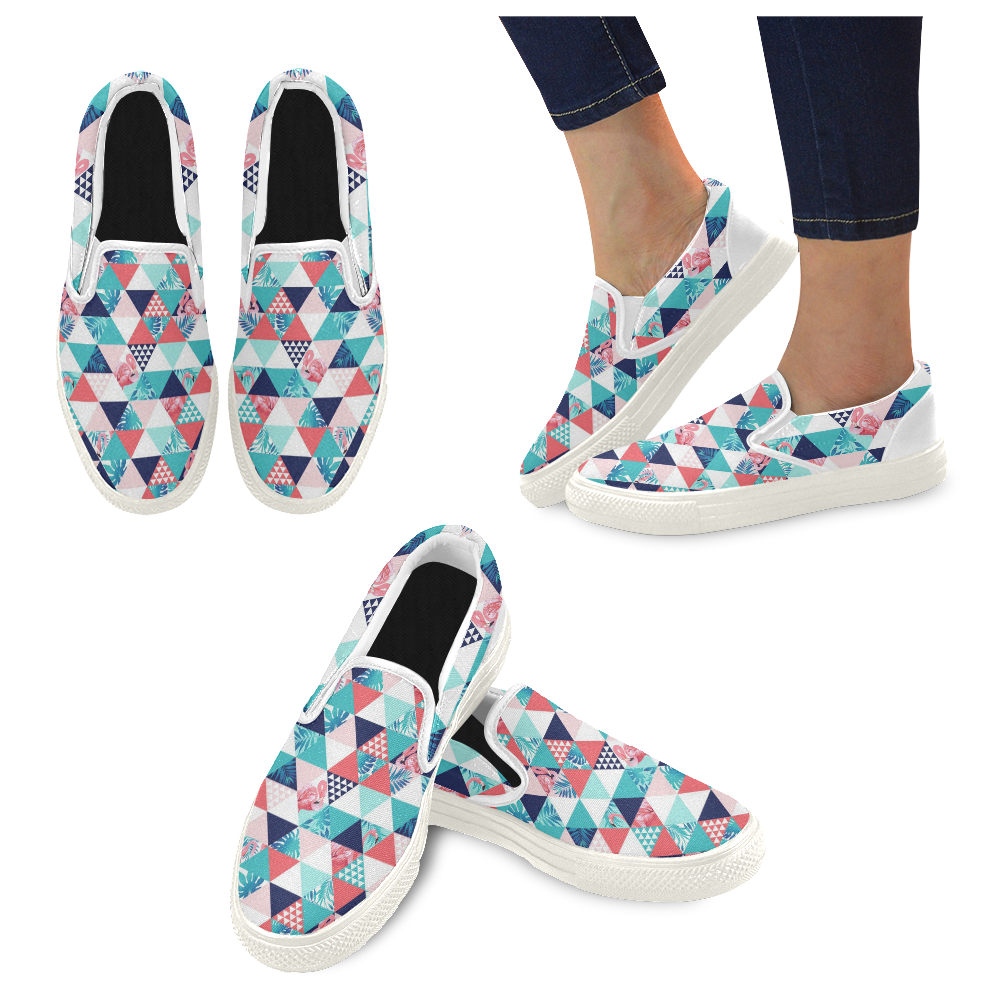 Flamingo Triangle Pattern Women's Unusual Slip-on Canvas Shoes (Model 019)