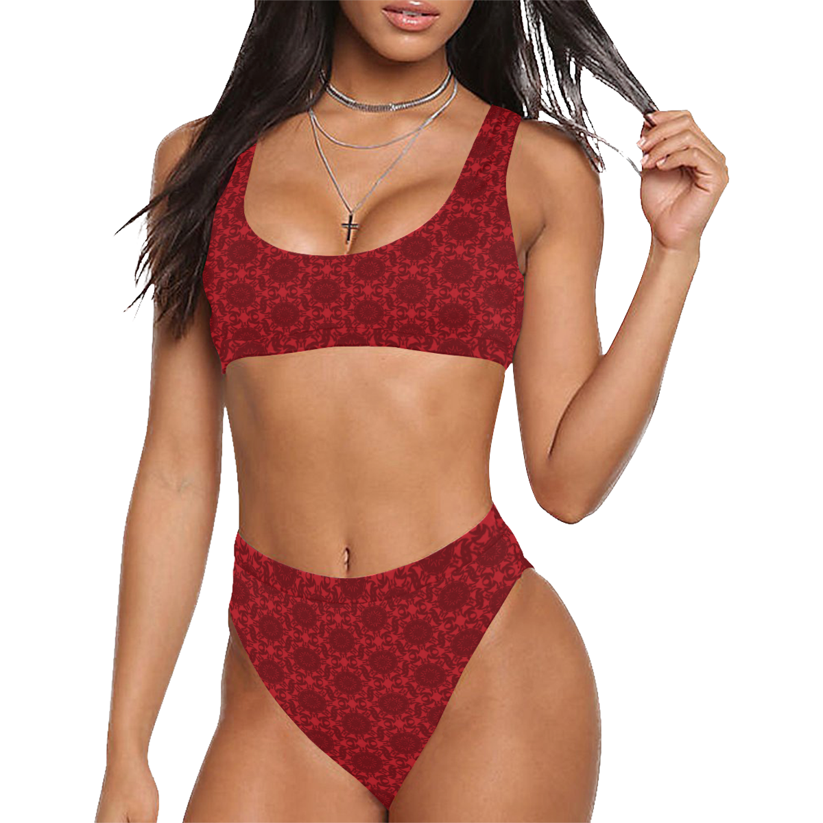 victorian paisley red Sport Top & High-Waisted Bikini Swimsuit (Model S07)