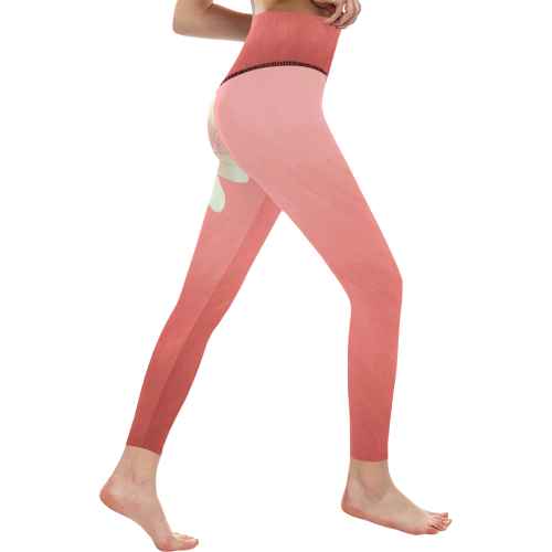 Gerbera Daisy - White Flower on Coral Pink Women's All Over Print High-Waisted Leggings (Model L36)