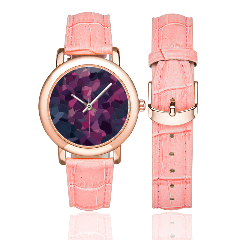 purple pink magenta mosaic #purple Women's Rose Gold Leather Strap Watch(Model 201)