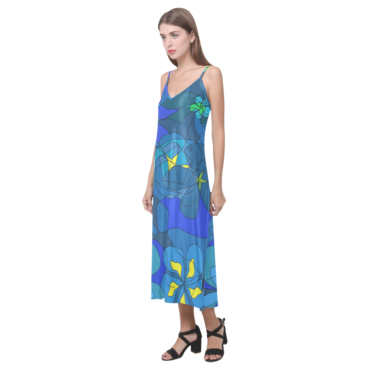 Abstract Blue Floral Design 2020 V-Neck Open Fork Long Dress(Model D18)