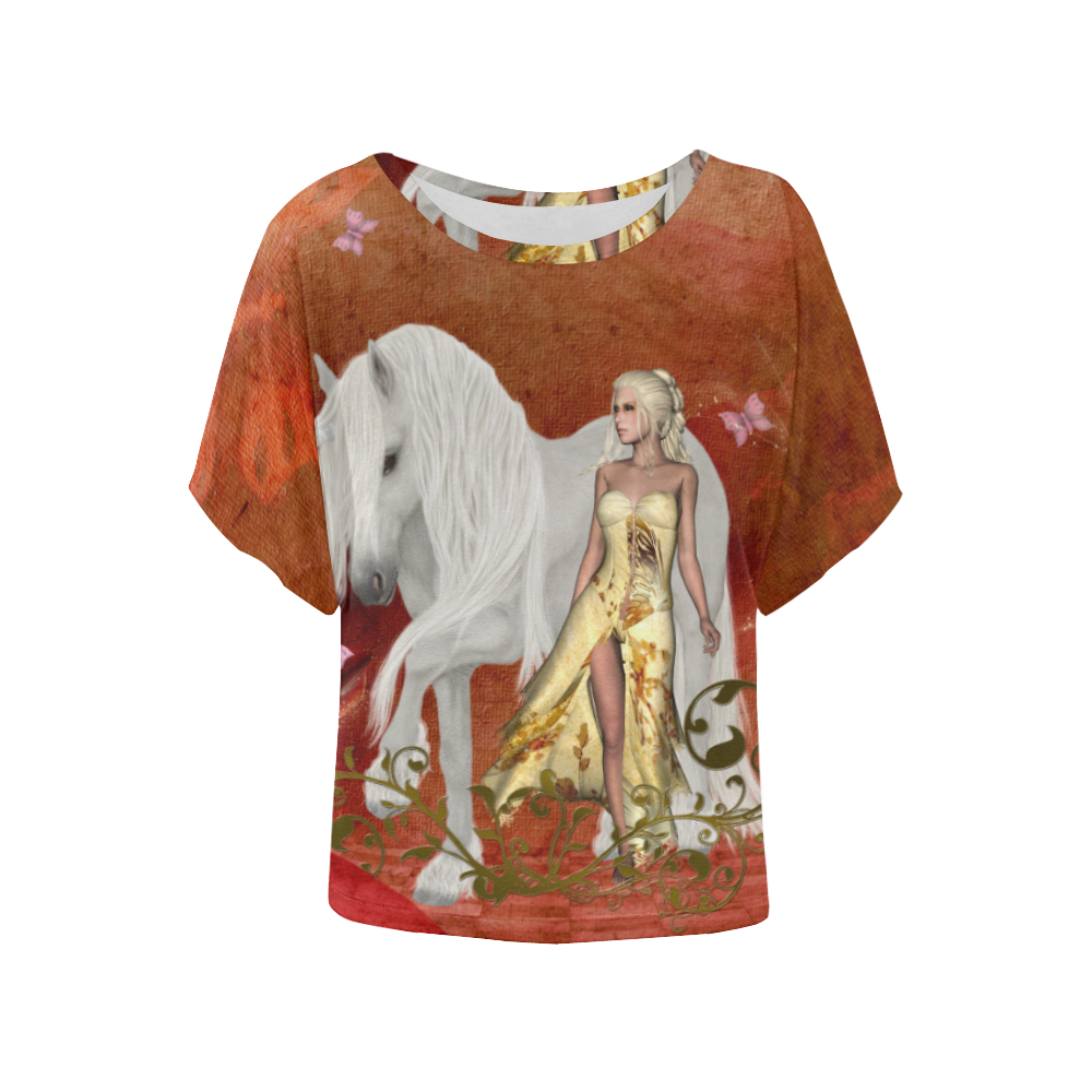 Unicorn with fairy and butterflies Women's Batwing-Sleeved Blouse T shirt (Model T44)