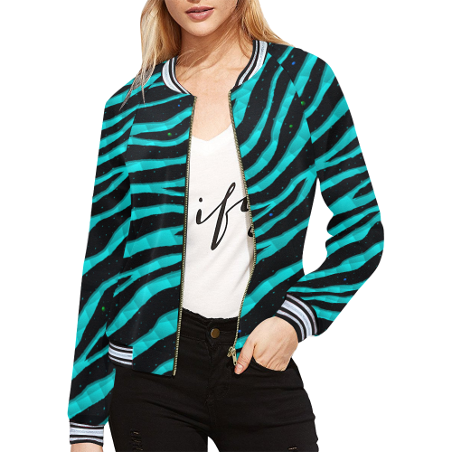 Ripped SpaceTime Stripes - Cyan All Over Print Bomber Jacket for Women (Model H21)