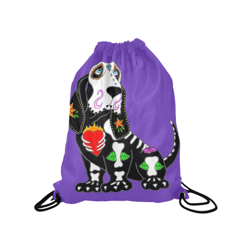 Basset Hound Sugar Skull Purple Medium Drawstring Bag Model 1604 (Twin Sides) 13.8"(W) * 18.1"(H)