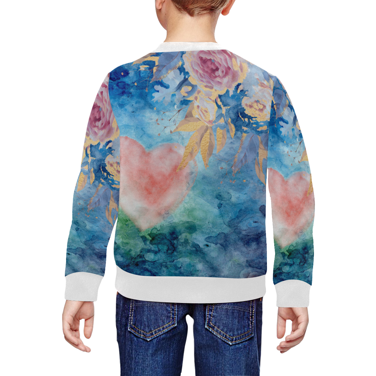 Heart and Flowers - Pink and Blue All Over Print Crewneck Sweatshirt for Kids (Model H29)