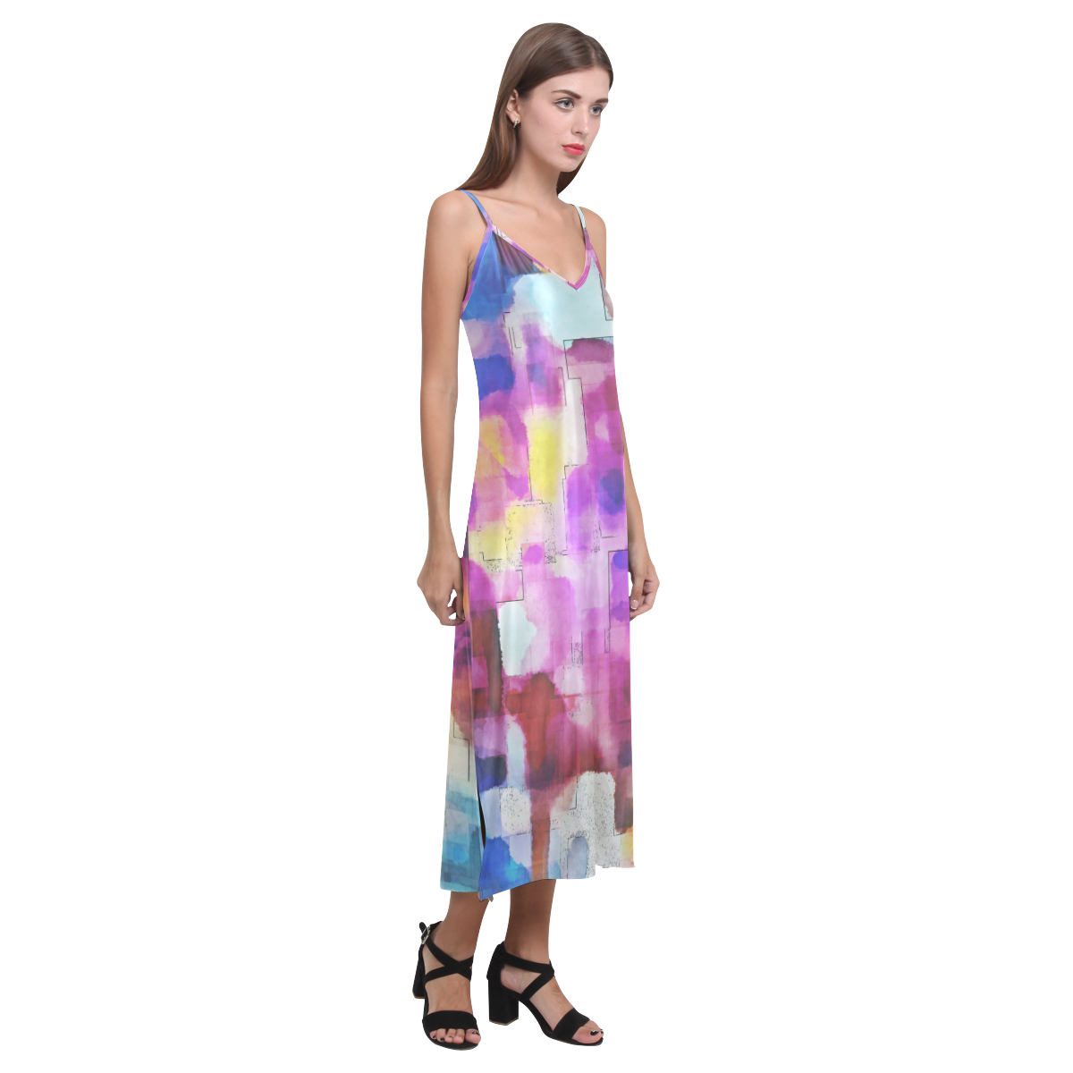 Blue pink watercolors V-Neck Open Fork Long Dress(Model D18)