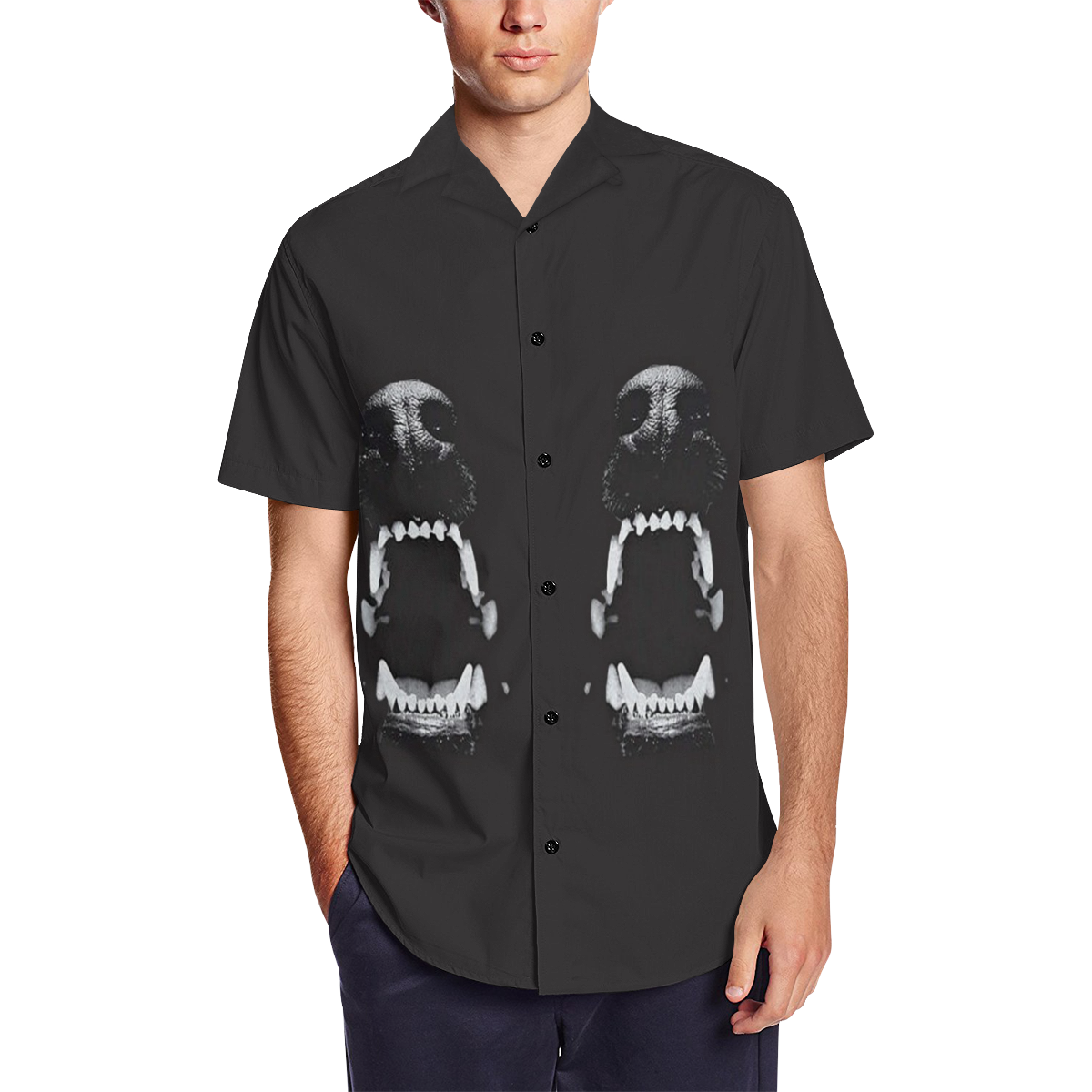 Hell Hound Gothic Underground Satin Dress Shirt Men's Short Sleeve Shirt with Lapel Collar (Model T54)