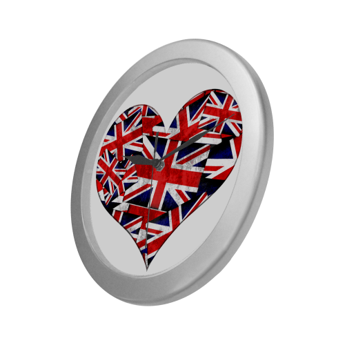 Union Jack British UK Flag Heart Silver Color Wall Clock