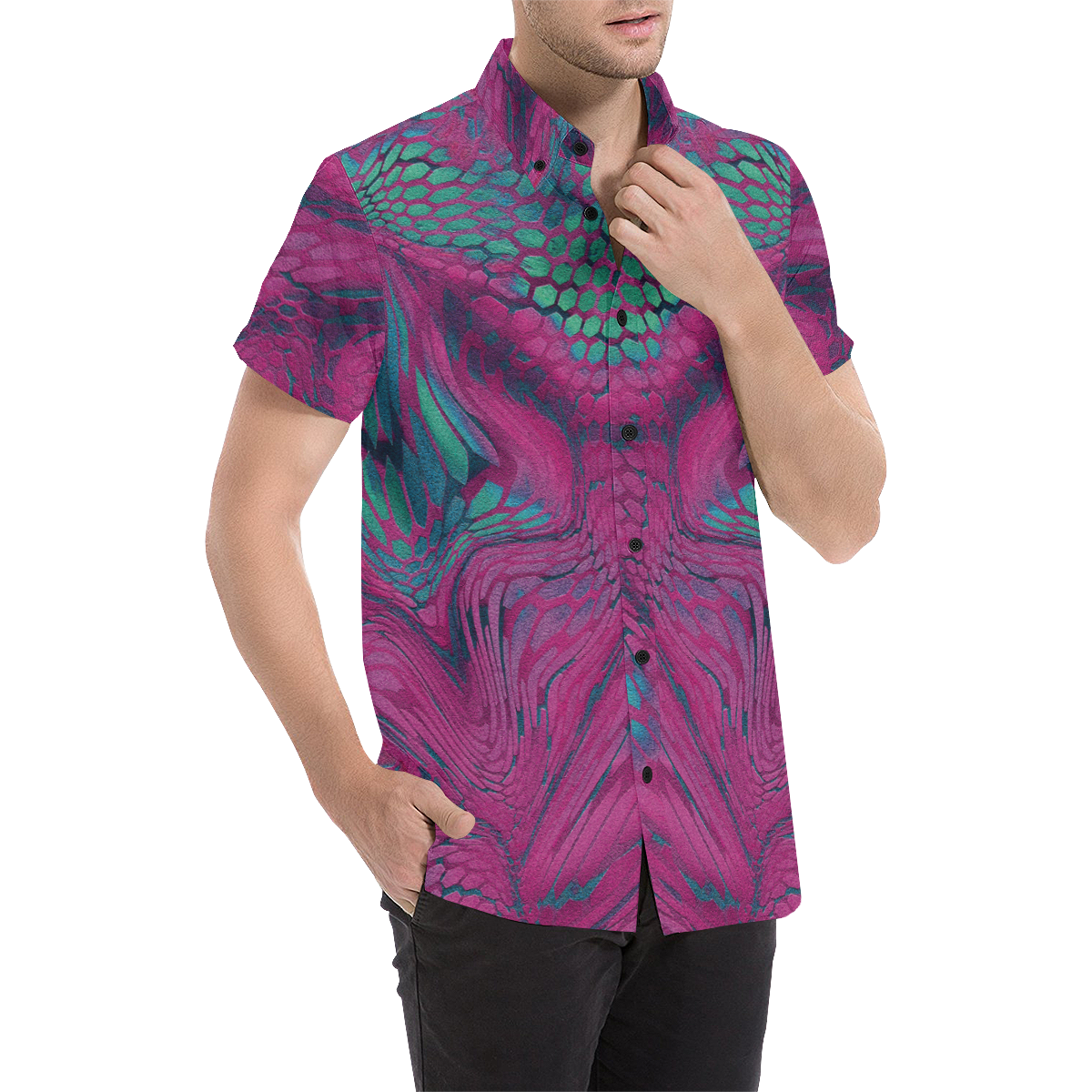 asia dragon reptile scales rainbow colored pattern camouflage in purple, bluish green and blue Men's All Over Print Short Sleeve Shirt/Large Size (Model T53)