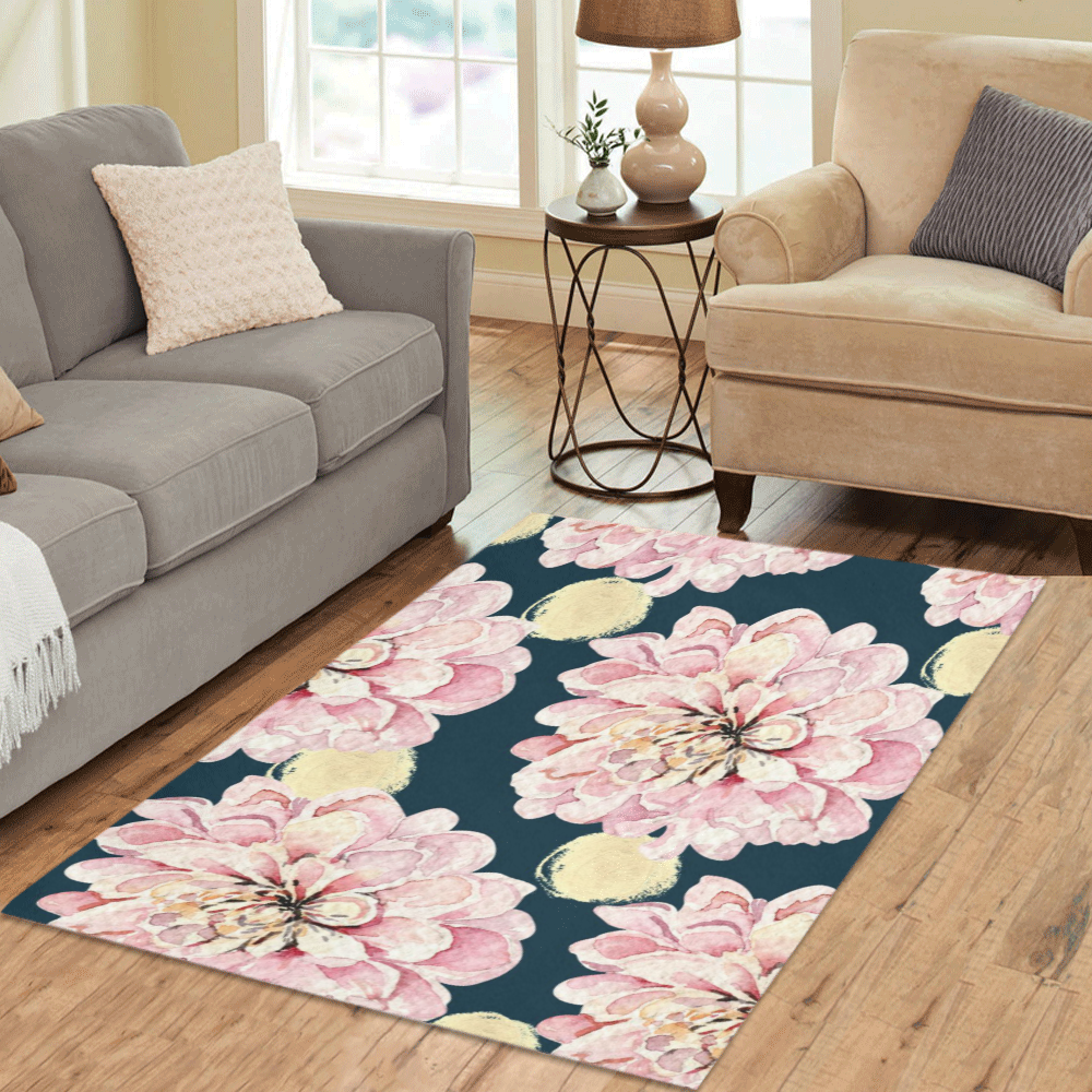 Watercolor Flowers Pink Teal Yellow Area Rug 5'3''x4'