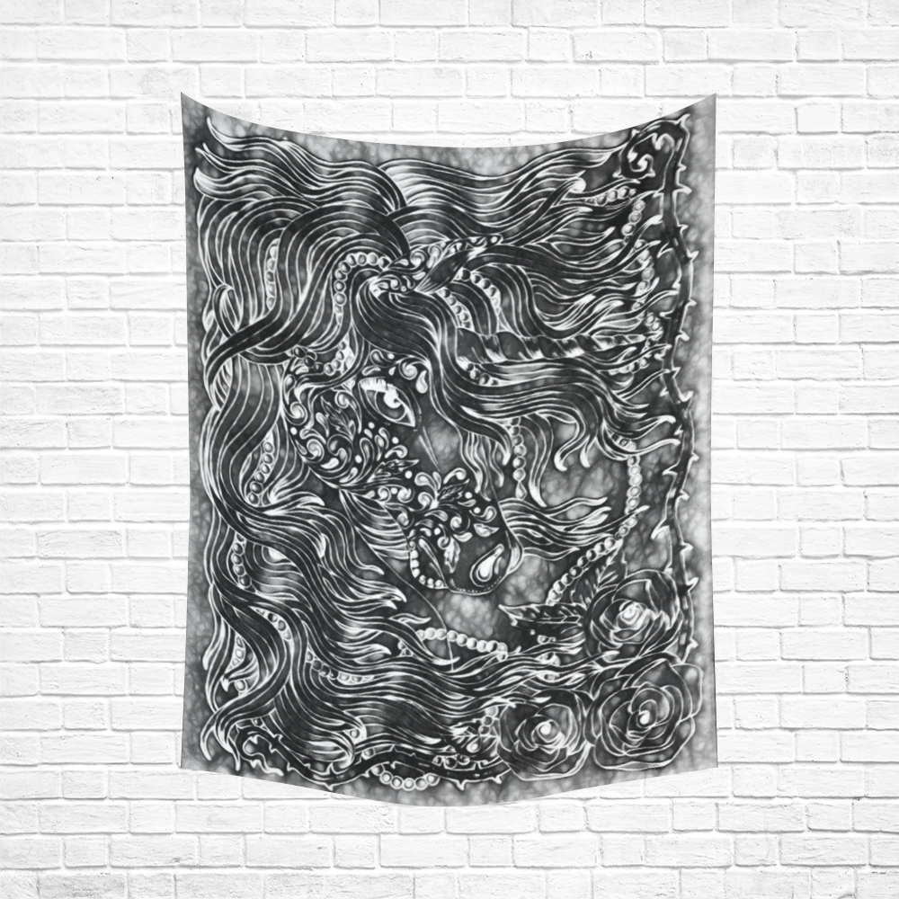 Black Unicorn Silver Moon Roses Blacklight Fantasy Cotton Linen Wall Tapestry 60"x 80"