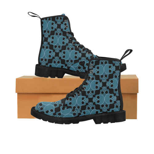 Skull Jigsaw Blue Martin Boots for Women (Black) (Model 1203H)