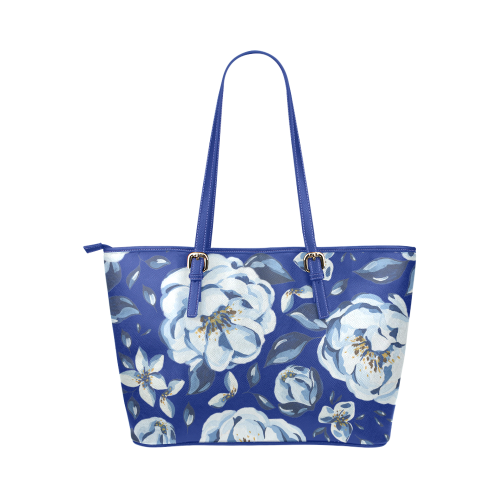Blue Full Bloom  Blue Tote Purse Bag Leather Tote Bag/Small (Model 1651)