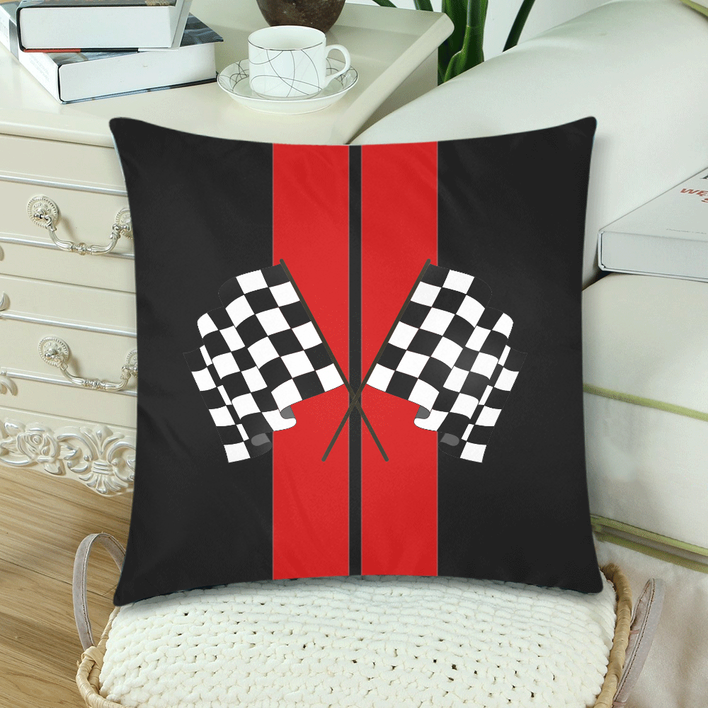 Race Car Stripe, Checkered Flag, Black and Red Custom Zippered Pillow Cases 18"x 18" (Twin Sides) (Set of 2)