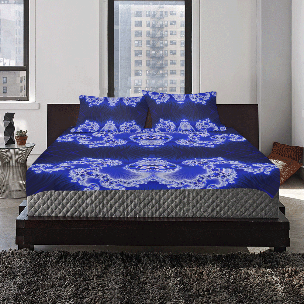 Blue and White Hearts  Lace Fractal Abstract 3-Piece Bedding Set