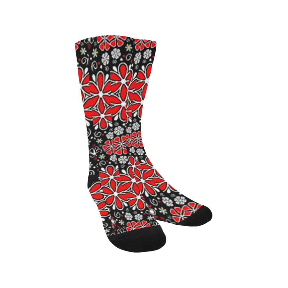 retro red black and white flowers on black socks Trouser Socks