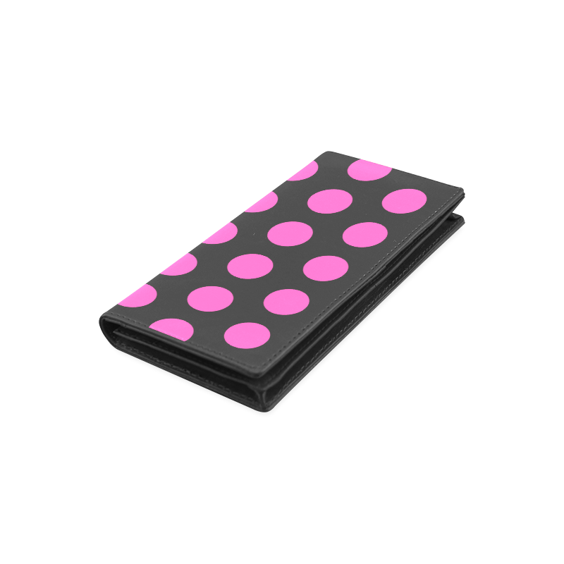 Pink Polka Dots on Black Women's Leather Wallet (Model 1611)