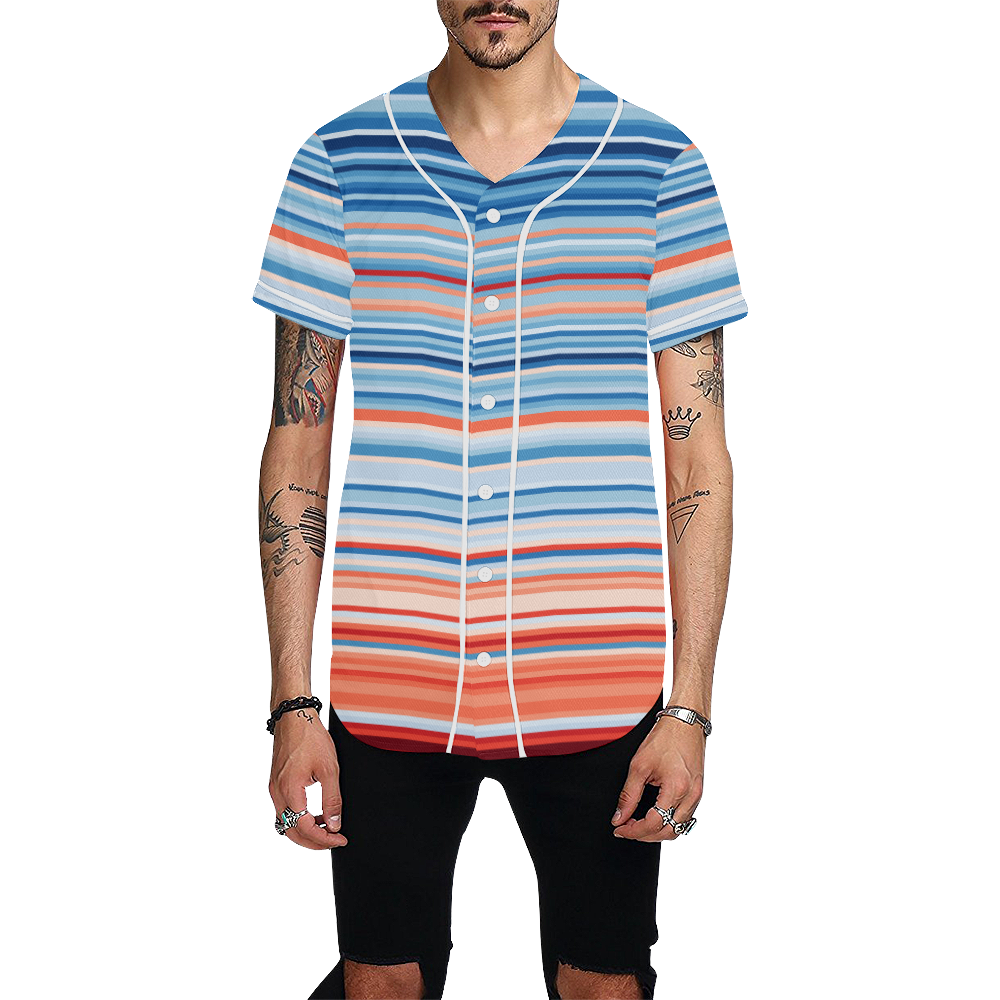 blue and coral stripe 2 All Over Print Baseball Jersey for Men (Model T50)