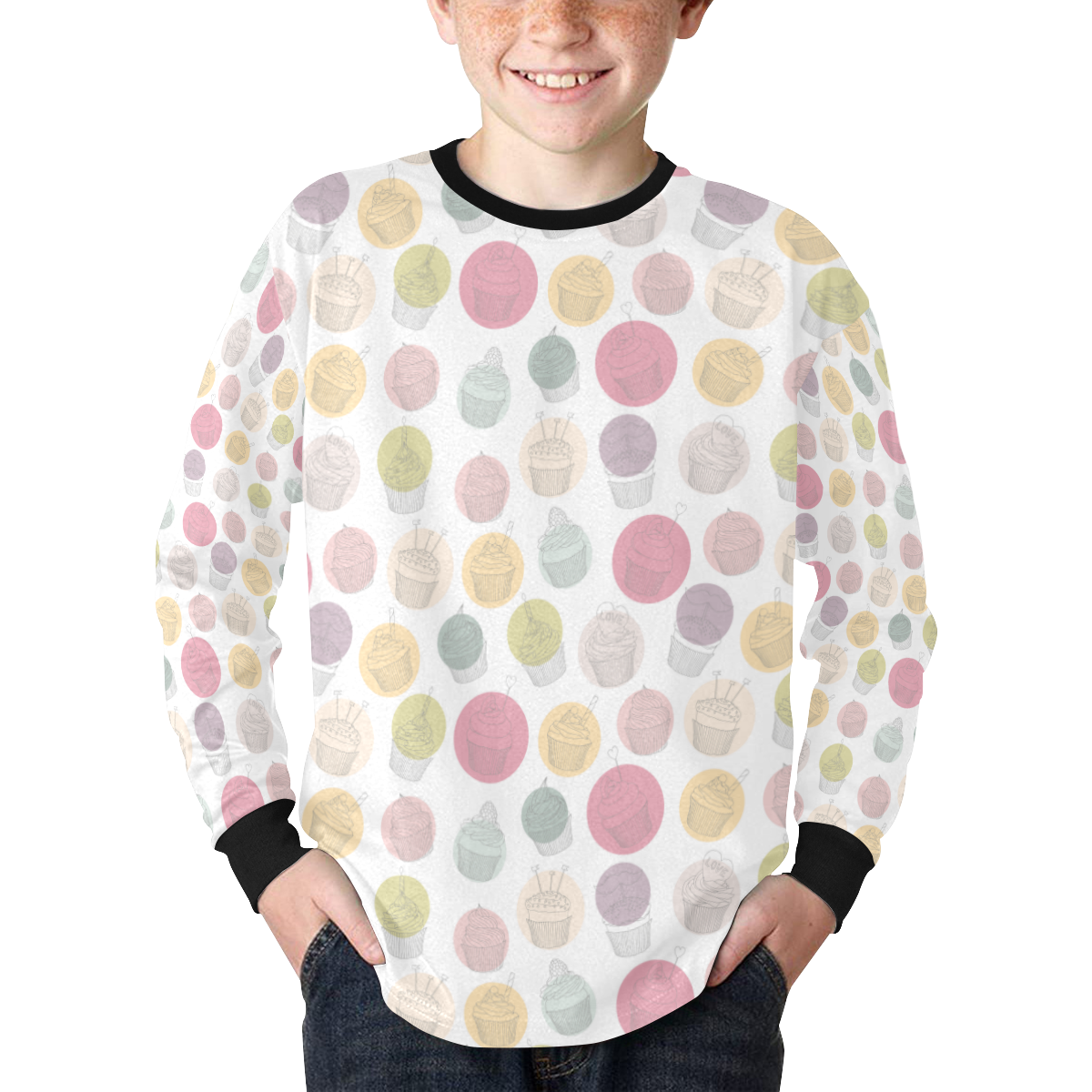 Colorful Cupcakes Kids' Rib Cuff Long Sleeve T-shirt (Model T64)