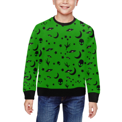 Alien Flying Saucers Stars Pattern on Green All Over Print Crewneck Sweatshirt for Kids (Model H29)