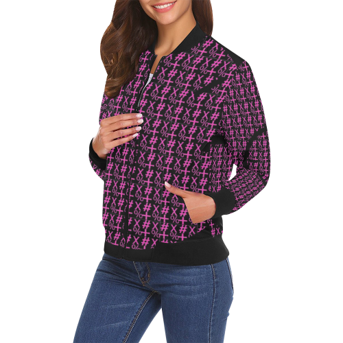 NUMBERS Collection Symbols Circle + x Black/Pink All Over Print Bomber Jacket for Women (Model H19)