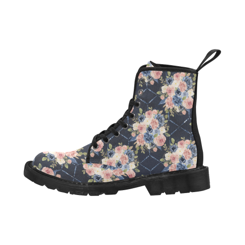 Floral Flowers Boots, Navy Flowers Martin Boots for Women (Black) (Model 1203H)
