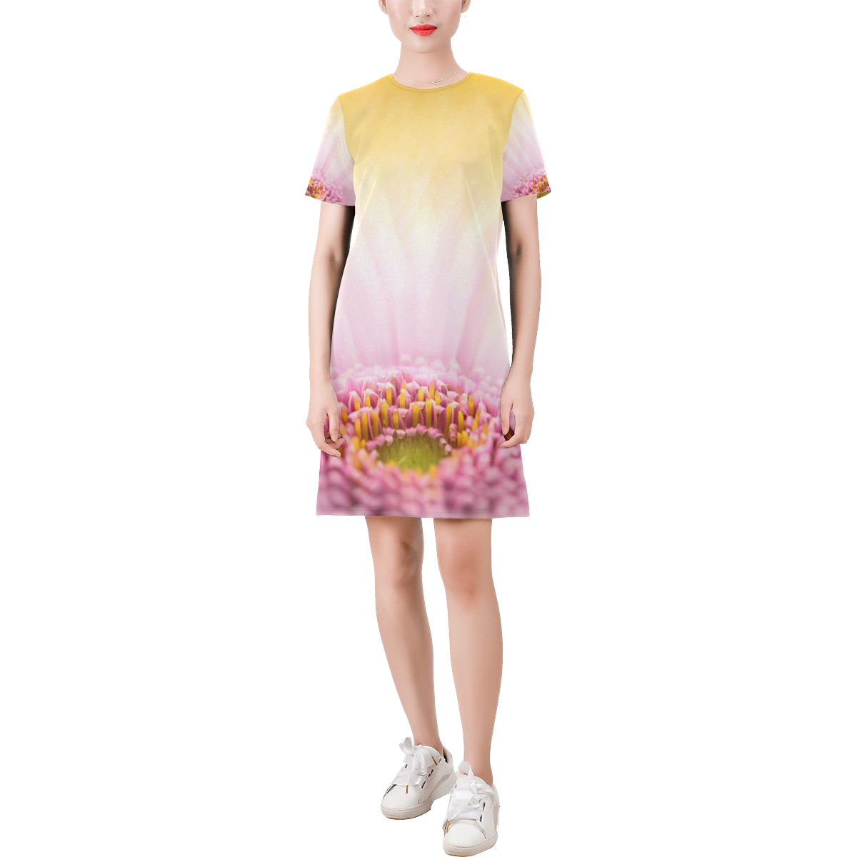 Gerbera Daisy - Pink Flower on Watercolor Yellow Short-Sleeve Round Neck A-Line Dress (Model D47)