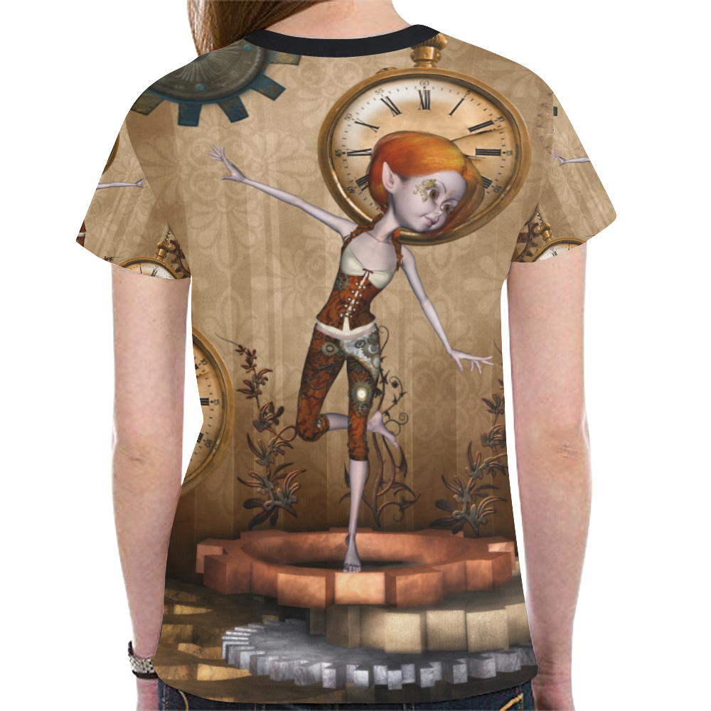 Steampunk girl, clocks and gears New All Over Print T-shirt for Women (Model T45)