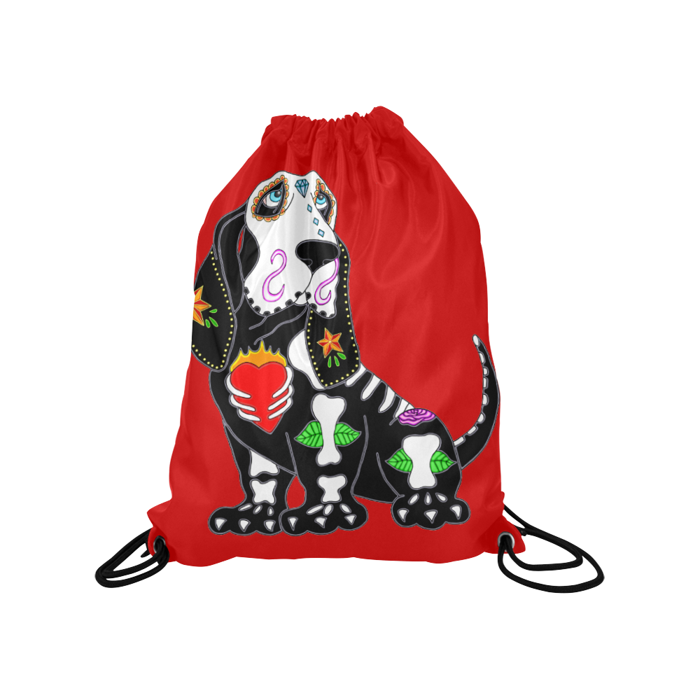 Basset Hound Sugar Skull Red Medium Drawstring Bag Model 1604 (Twin Sides) 13.8"(W) * 18.1"(H)