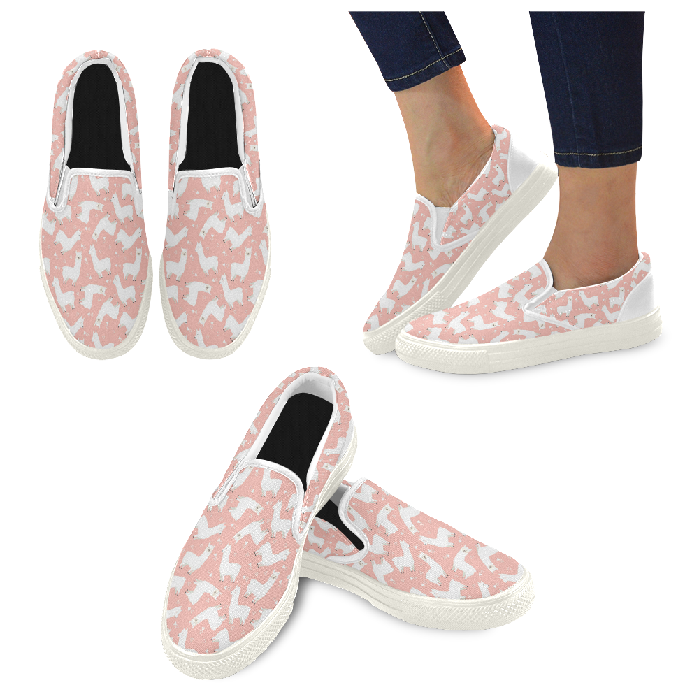 Pink Llama Pattern Women's Unusual Slip-on Canvas Shoes (Model 019)