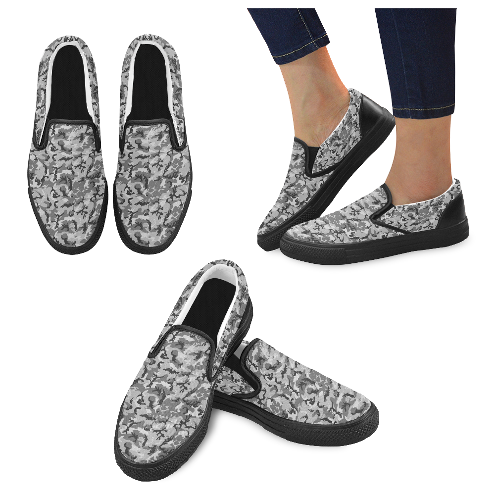 Woodland Urban City Black/Gray Camouflage Women's Unusual Slip-on Canvas Shoes (Model 019)