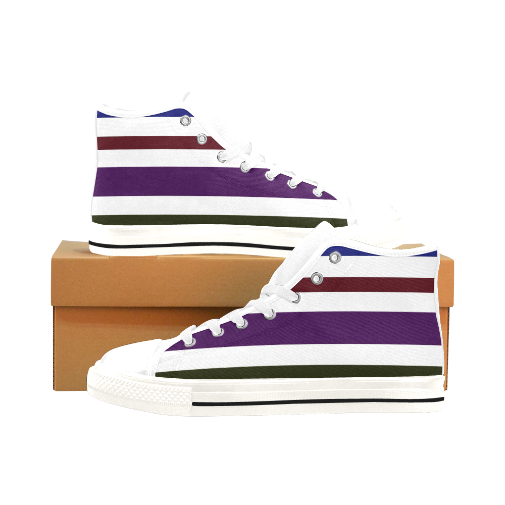 Shoes with blue lines, white Men’s Classic High Top Canvas Shoes /Large Size (Model 017)