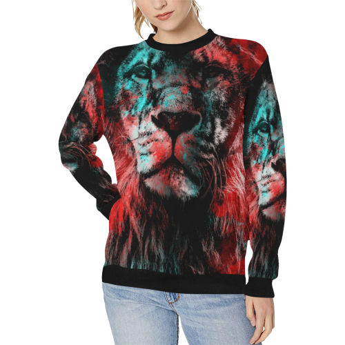 lion jbjart #lion Women's Rib Cuff Crew Neck Sweatshirt (Model H34)